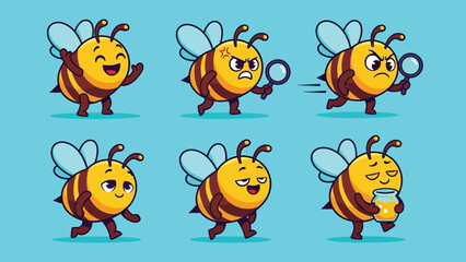 Obraz premium Cute cartoon bees with various expressions and actions, adorable honeybee character set.