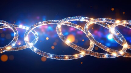 Abstract glowing interconnected rings of light with shimmering particles on a dark blue background