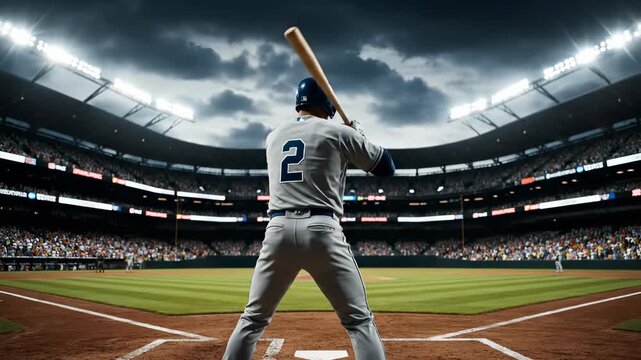 Baseball player stands at home plate, preparing to swing bat. Dramatic atmosphere fills stadium as fans eagerly anticipate action. Excitement grows before pitch.