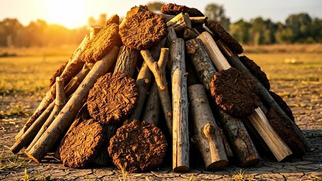A Natural Pile of Dried Cow Dung and Logs Stacked Together in a Sunny Rural Landscape, Highlighting Traditional Building Materials in Agriculture