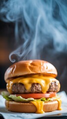 Close-up of a handcrafted hamburger with melted cheese, light smoke rising, blurred dark background, professional culinary style, ultra-realistic.