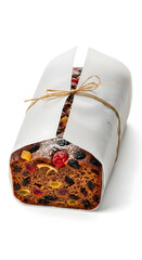 Delicious homemade fruitcake wrapped in white paper