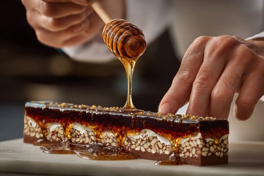 Close-up of hand holding honey dipper, drizzling honey over torrone topped with nuts. Concept of traditional Italian nougat candy, warm golden hues enhancing visual appeal.