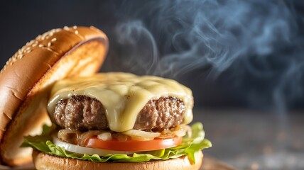 Close-up of a handcrafted hamburger with melted cheese, light smoke rising, blurred dark background, professional culinary style, ultra-realistic.