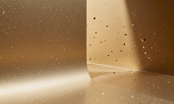 Champagne Gold Cove - Eye-level perspective of metallic champagne-painted cyc, soft bronze reflectors fill shadows, tiny glitter particles suspended mid-air