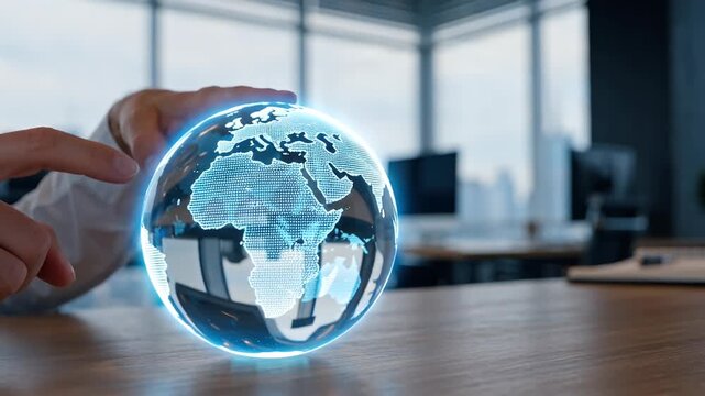 A hand holding a glowing holographic globe in a modern office setting.