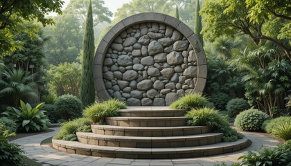 Serene garden with stone steps and circular rock wall feature
