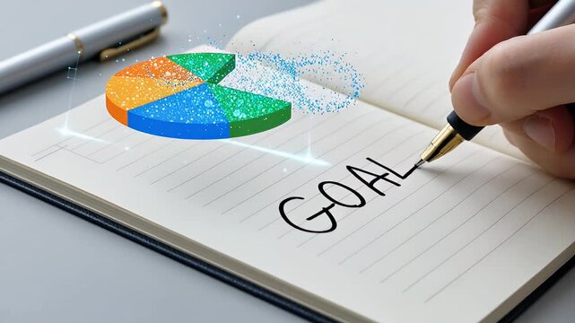 A hand writing in a notebook with a colorful pie chart graphic overlay.