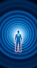 Obraz premium Silhouette of person surrounded by concentric blue energy waves.
