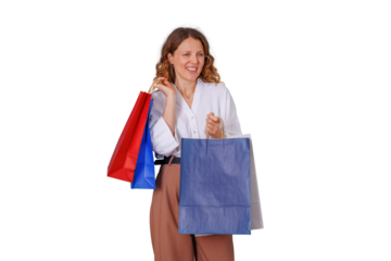 Happy woman enjoying retail therapy, smiling with shopping bags, feeling satisfied after making purchases, transparent background