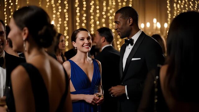 Elegant party atmosphere filled with laughter. Guests mingle, enjoying drinks in stylish evening attire. Celebration sparkles with lights and joyful conversations.