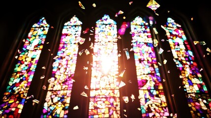 Shattered stained glass fragments float in a beam of light from a cathedral window