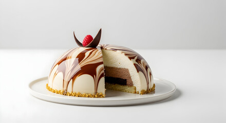 Delicious chocolate and cream layered mousse cake with raspberry
