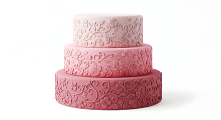 Beautiful three-tiered pink wedding cake with floral designs
