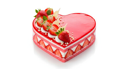Delicious heart shaped strawberry cake with fresh strawberries