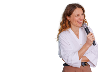 Woman speaking into microphone, engaging audience during presentation, delivering speech, communication concept, transparent background