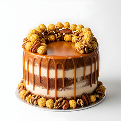 Delicious caramel cake with nuts and caramel drizzle on top