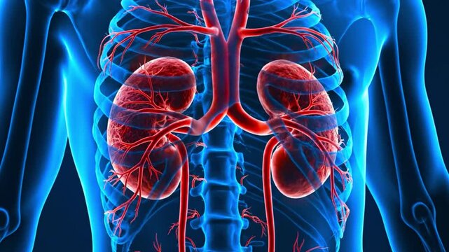 Medical 3D illustration of human internal anatomy showing kidneys and renal circulatory system with blood vessels for healthcare diagnosis and urology research concept