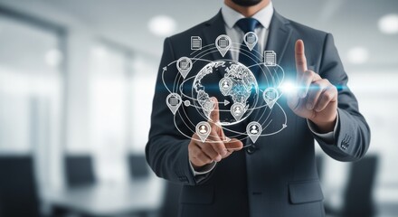 Businessman managing global digital network connection for corporate business strategy. Future technology innovation system integrating virtual communication data. Smart management interface.