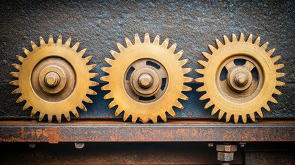 Polished bronze gears interlocking and meticulously aligned on a weathered metallic surface representing industrial machinery