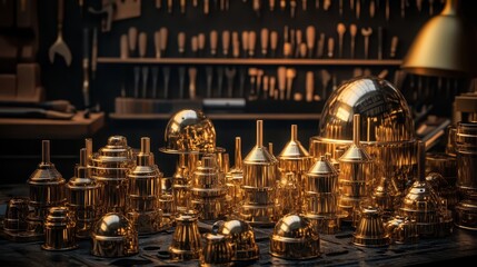 Gleaming interlocking brass components arranged in a detailed collection with polished golden finishes on a workshop shelf