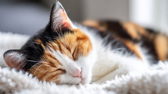 Calico Cat Sleeping Peacefully Curled in Soft Fluffy Blanket