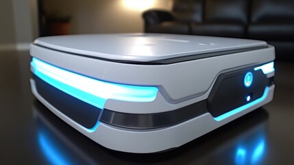 Modern white air purifier unit with bright blue illuminated indicator lights on a dark surface