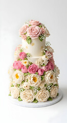 Exquisite multi-tiered wedding cake adorned with roses and flowers