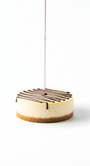 Delicious cheesecake with chocolate drizzle on white background