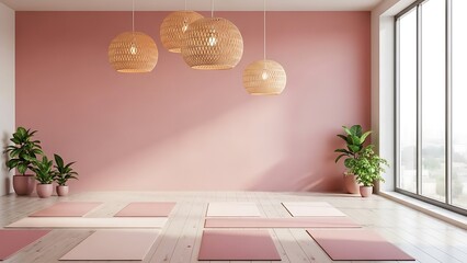 Minimalist yoga studio interior with pink walls and hanging wicker lights