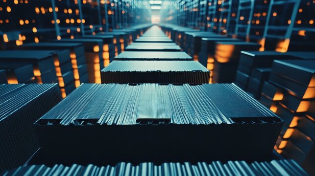 Rows of modern technology server racks illuminated with blue and orange lights in a data center - Powered by Adobe