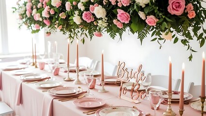 Elegant wedding reception table setting with lush floral arrangement overhead