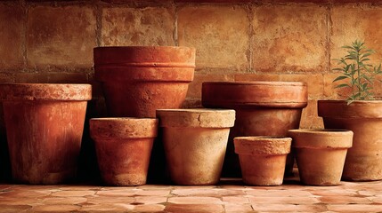 Obraz premium A collection of perfectly aligned, naturally colored, rustic clay pots arranged on a shelf in front of a brick wall