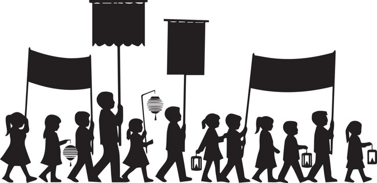 Children marching in a parade holding banners and lanterns