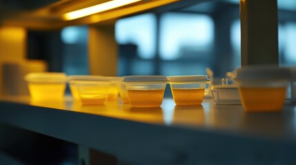 Sterile disposable culture dishes filled with yellow liquid on a lab shelf illuminated under soft lighting