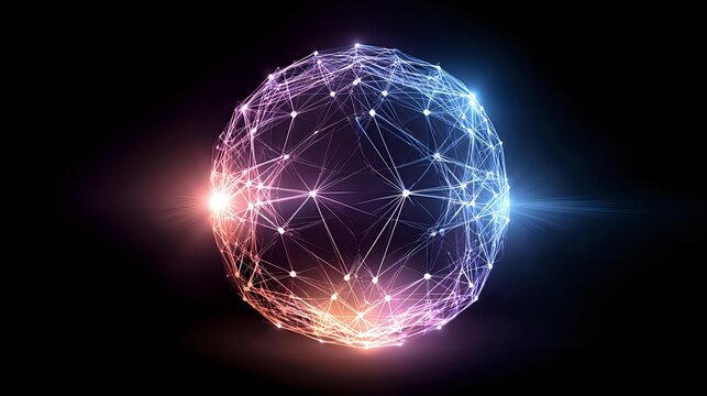 Abstract geometric wireframe sphere glowing in dark background with soft neon light, digital art and modern technology visualization - Powered by Adobe