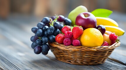 Basket of assorted fresh fruits on a natural wooden table, vibrant colors and soft daylight giving a healthy lifestyle mood