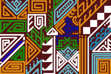 Colorful tribal geometric pattern, ethnic abstract symbols, hand-drawn shapes, bold vibrant colors, modern folk art style, seamless textile design, flat vector illustration.