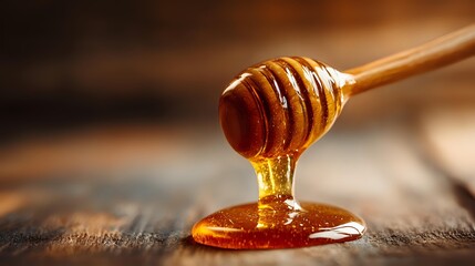 Close up macro shot of honey dripping from a wooden dipper onto smooth surface, warm golden light and appetizing texture