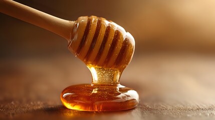 Close up macro shot of honey dripping from a wooden dipper onto smooth surface, warm golden light and appetizing texture
