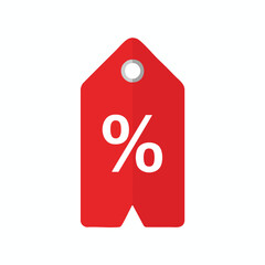A red tag with a white percent symbol and hole on top, against a white background