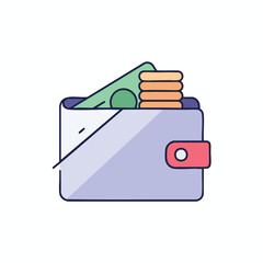 A colorful wallet icon, filled with money and coins