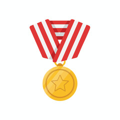 A gold medal with a star on a red and white striped ribbon