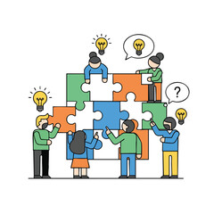 Diverse group of people collaborating to solve a puzzle, with lightbulb ideas