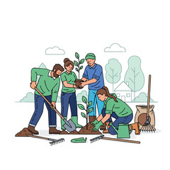 A group plants a tree, using tools like shovels, rakes, and a watering can