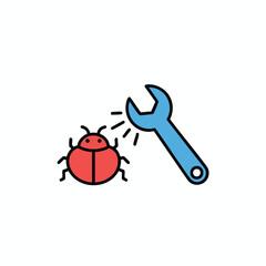 A red insect being "fixed" with a wrench, representing bug fixing
