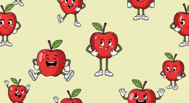 Playful cartoon apples with arms and legs in various cheerful poses. - Powered by Adobe