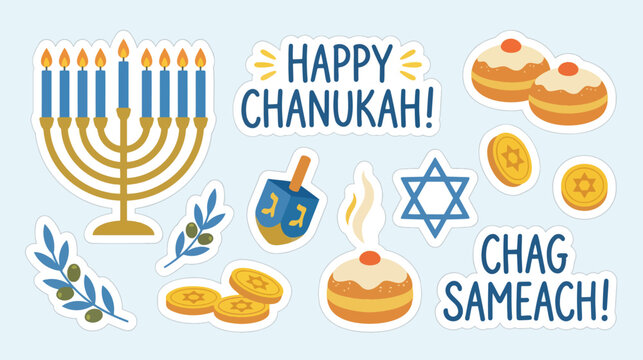 Festive Hanukkah Icons and Celebration Stickers Set