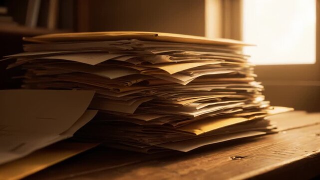 Document stack on wooden table during sunset. Office workspace filled with paperwork and files. Soft light creates warm atmosphere for productivity and organization.