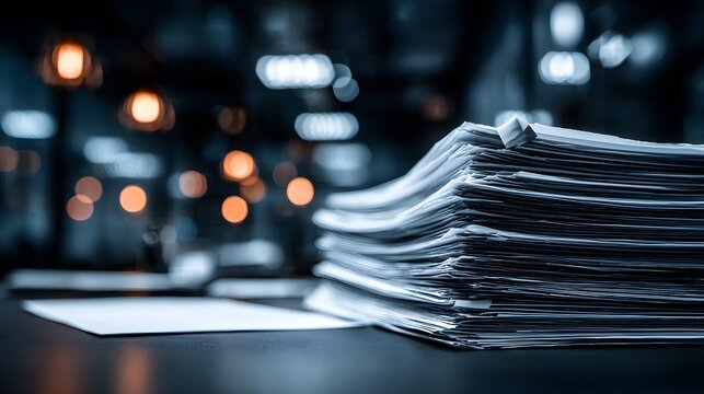 Stack of white paperwork and documents on a dark office desk with shallow depth of field focusing on the paper edges against blurred backing.